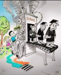 Happy children entering the Education System machine in full color, while teenagers emerge on a conveyor belt in black-and-white, looking miserable and drained."