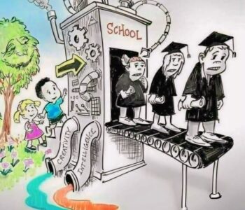 Happy children entering the Education System machine in full color, while teenagers emerge on a conveyor belt in black-and-white, looking miserable and drained."