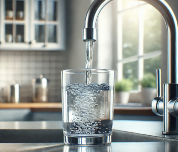 Image of clear tap water being poured from a sleek silver faucet into a glass in a modern kitchen. The water creates bubbles and ripples as it fills the glass. The kitchen has clean countertops and a window in the background letting in natural light, emphasizing the clarity and importance of clean water.