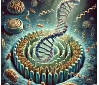 Artistic representation of mRNA within a human cell, showing a twisted ribbon-like mRNA strand surrounded by ribosomes translating the mRNA into proteins, set against a backdrop of cellular structures like the nucleus and mitochondria.