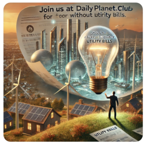 Person standing on a hill overlooking a futuristic, self-sustained city powered by renewable energy sources like solar panels and wind turbines, holding a glowing light bulb symbolizing independence. Torn utility bills surround them, and a sign in the background reads 'Join Us at Dailyplanet.Club for a Future Without Utility Bills,' conveying freedom from traditional energy constraints and a sustainable future.