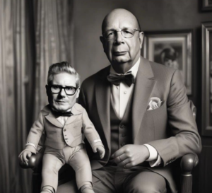 This photograph carries a darkly satirical message, depicting an unsettling and symbolic representation of power dynamics, political manipulation, and hidden influence from the Illuminati. The central figure is an imposing, larger man, Klaus Schwab, dressed impeccably in a three-piece suit and bow tie, seated with an air of authority and calculated indifference. His posture and expression evoke a sense of control and dominance, embodying the role of a puppet master overpowering and influencing the UK Prime Minister, Keir Starmer. This figure is portrayed as a global economic leader, allegedly controlling a Prime Minister of the United Kingdom, associated with the World Economic Forum and as part of a broader Illuminati esoteric organization, influencing UK Parliament with dualism and corruption. The narrative suggests a hidden agenda tied to the "2030 Davos Control Economic Forum," envisioning a new global government and the removal of freedom for the people.Perched on his lap is a puppet-like figure, whose human face and identical formal attire blend eerily with its doll-like, exaggerated proportions. This smaller figure appears to symbolize subservience, its role allegorically tied to the idea of a manipulated or controlled politician. The interpretation given connects this puppet to Keir Starmer, a prominent British politician, insinuating a dynamic where leadership and decisions are influenced or dictated by external forces, potentially tied to secretive, shadowy organizations like the Illuminati. The backdrop of framed art and elegant decor adds a formal, almost ceremonial atmosphere, contrasting with the satirical and sinister undertones. The visual metaphor suggests themes of hidden influence, shadow governance, and the troubling intersection of global power and national politics. This photograph starkly critiques the perceived relationship between global economic powers and political leadership, amplified by the unsettling notion of governance being under the control of clandestine groups like the Illuminati, symbolizing an opaque and manipulative hierarchy at the helm of world affairs.