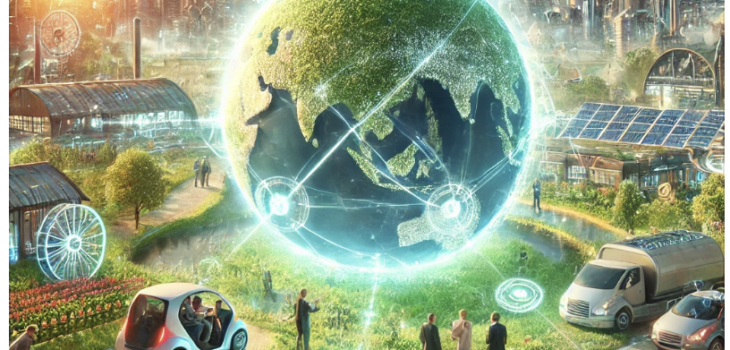 A sustainable community powered by the Quantum Crystal Engine. The image depicts people collaborating, pollution-free vehicles, advanced clean energy factories, and lush greenery, representing innovation, unity, and a cleaner, more connected future.