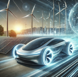 Headline Image: A futuristic electric vehicle glowing with energy, symbolizing the power and sustainability of QDI.