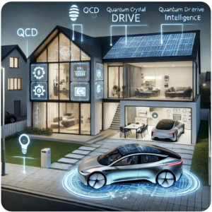 energy-efficient home powered entirely by Quantum Crystal Drive (QCD) and Quantum Drive Intelligence (QDI), without any solar panels or traditional energy systems visible.