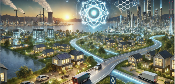 A futuristic city illuminated by advanced Quantum Crystal Engine technology, showcasing clean energy, sustainable power, and a self-sufficient infrastructure.