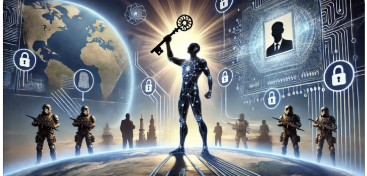 A powerful figure holding a digital key symbolizing copyright ownership of digital identity technology. Surrounded by a protective shield of intellectual property, the figure stands firm against shadows of authoritarian systems attempting to seize control. In the background, a global network of biometric data, passports, and digital IDs illustrates the digital battle for freedom and sovereignty. Clear skies and light rays symbolize hope, justice, and victory over digital control.