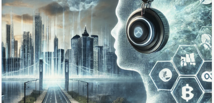A futuristic cityscape powered by clean energy, symbolizing the Bypass Movement. A figure in high-tech headphones listens to high-speed audio, surrounded by floating thought bubbles representing freedom, financial independence, and technology-driven autonomy.