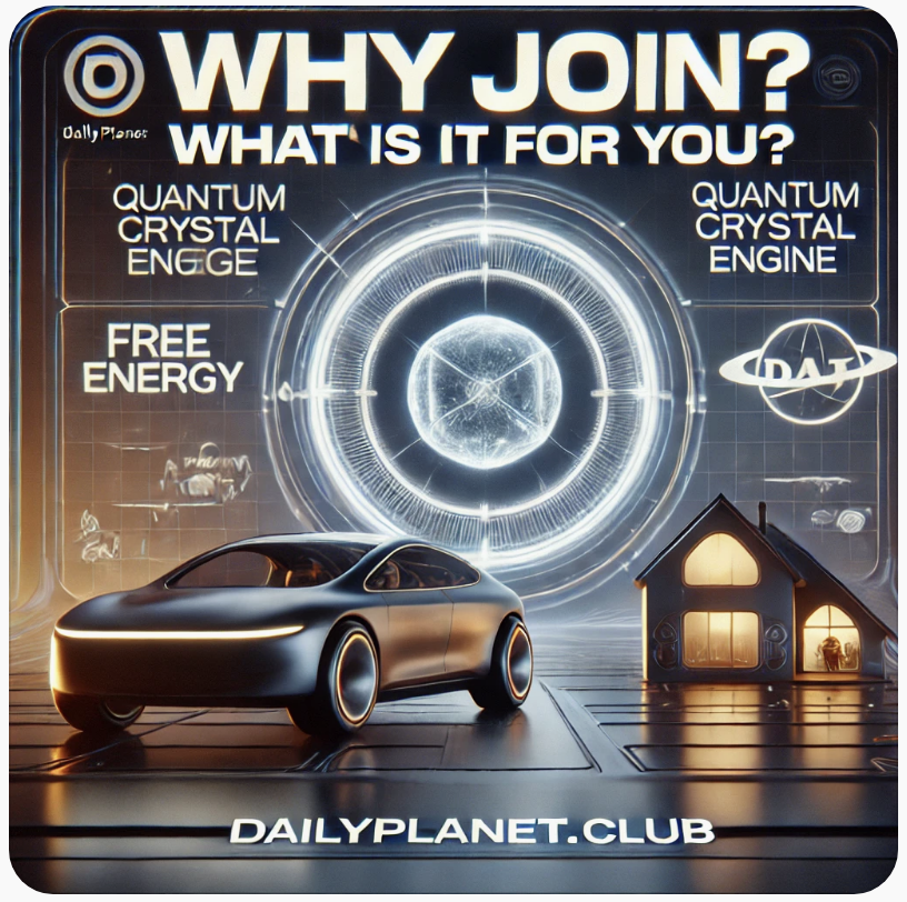 A modern, energy-independent family vehicle powered by breakthrough technology, eliminating the need for fossil fuels or charging stations. The image represents the benefits of joining Dailyplanet.Club, showcasing a future where cars run indefinitely on self-sustaining energy. This innovation provides unlimited range, continuous power for homes, and a driving experience free from energy costs. The scene highlights the vision of bypassing corporate-controlled energy systems and empowering individuals with sustainable, free energy solutions.