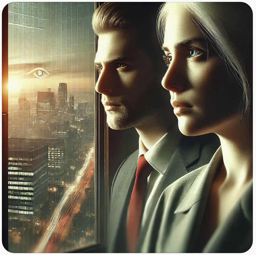 "A close-up image of two individuals standing in a private room, knowing that, for now, they have control over their private lives. Their gaze is fixed on a distant public authority building, their expressions marked by determination and deep concern. They recognize the creeping infiltration of government control—through bureaucracy, propaganda, and social media manipulation—gradually eroding their freedoms. The weight of esoteric organizations influencing public institutions and penetrating government cabinets looms over them, leaving them questioning: How can we separate the good from the corrupt? What can we do before it’s too late?This image embodies the core values of honesty, integrity, and accountability, yet it also highlights the growing fear of losing personal freedoms under an ever-tightening grip of public authority. Their unease reflects the looming reality—where those in power twist transparency into control, and ethical leadership becomes a veil for coercion. The setting reinforces the urgent need for a united, private community, where independent minds from around the world stand together to reclaim their autonomy and push for real change."*