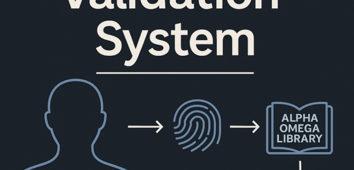 Digital graphic showing the Contribution Validation System with a human torso emitting a heartbeat, linked to icons of a fingerprint, Alpha Omega Library, and wallet through white arrows.