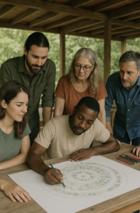 Group of DailyPlanet.Club members brainstorming permaculture designs at an open-air workshop, working collaboratively with global online community members to create sustainable living solutions.