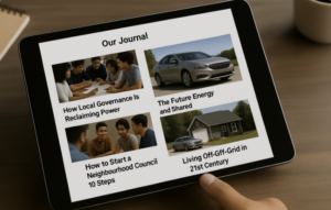 Tablet screen displaying DailyPlanet.Club journal articles on energy, governance, and regeneration, including a family car representing future mobility