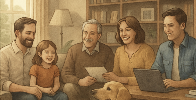 A multi-generational family, including a child and a golden retriever, gathered in a cosy living room, smiling and enjoying time together—symbolising community, trust, and supportive values at the core of Dailyplanet.Club.