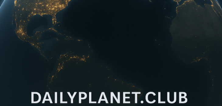 Wide-angle view of Earth from space with city lights and sunlight along the horizon, featuring the text “Dailyplanet.Club an incredible economic plan by MJ.”