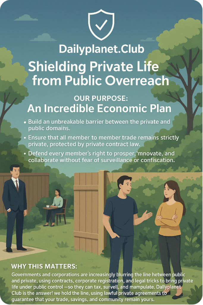 Dailyplanet.Club Shielding Private Life from Public Overreach OUR PURPOSE: An Incredible Economic Plan Build an unbreakable barrier between the private and public domains. Ensure that all member-to-member trade remains strictly private, protected by private contract law. Defend every member’s right to prosper, innovate, and collaborate without fear of surveillance or confiscation. WHY THIS MATTERS: Governments and corporations are increasingly blurring the line between public and private, using contracts, corporate registration, and legal tricks to bring private life under public control—so they can tax, surveil, and manipulate. Dailyplanet.Club is the answer: we hold the line, using lawful private agreements to guarantee that your trade, savings, and community remain yours.