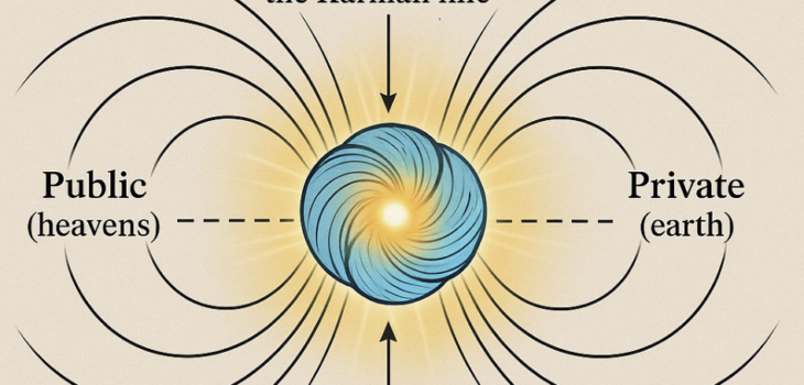 Diagram showing the Möbius Atom’s cyclical quantum states transitioning between compressed invisible Position One and expanded charged Position Zero, illustrating creation of light and matter, with boundaries dividing the public (heavens) and private (earth) domains.