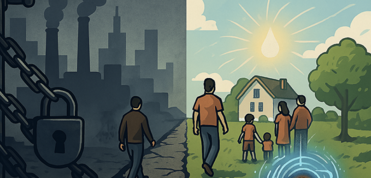 Digital illustration contrasting the oppressive public domain dominated by pollution and surveillance with the free, virtuous private domain powered by clean, sovereign energy.