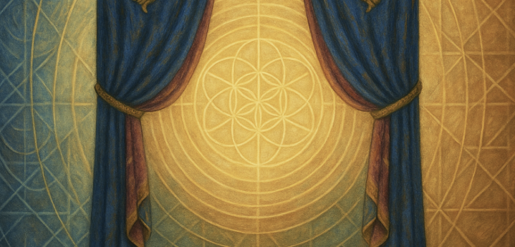 The Tabernacle’s veil depicted as a richly woven curtain with blue, purple, and scarlet fabrics, symbolising the sacred boundary separating the public domain from the private domain of divine sovereignty.