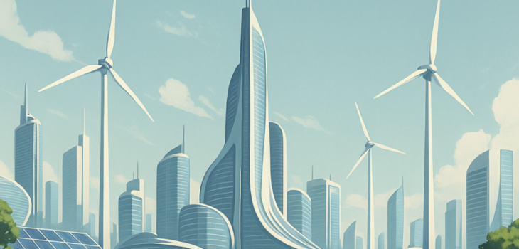 Legacy of Change — a future city powered by clean energy, representing innovation, self-sufficiency, and ethical governance.