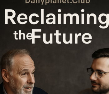 Two men face each other against a dark backdrop. Above them, bold text reads: “Dailyplanet.Club Reclaiming the Future Text and Two Men,” evoking the promise of sovereign technology shaping tomorrow’s world.