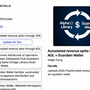 Automated revenue splits through Alpha Omega Library (AOL) and Guardian Wallet in the Dailyplanet.Club private economy.
